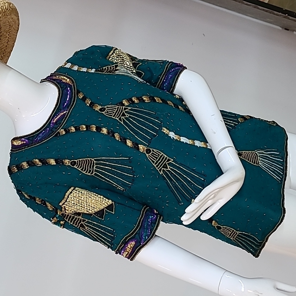 Laurence Kazar New York Silk Beaded Sequin Top